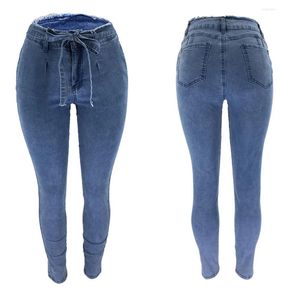 Women's Jeans High Waist Slim Stretch Denim Jean Bodycon Tassel Belt Bandage Skinny Push Up Woman