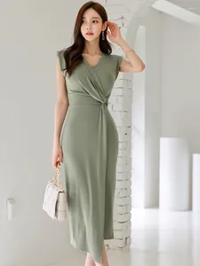 Casual Dresses Elegant Women Dress V-Neck Sleeveless Folds Skinny Asymmetrical Midi Party Vacation Robe Femme Vestidos Ropa Mujer Verano