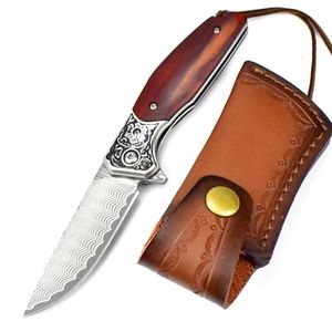 Przenośny nóż kieszonkowy Damascus ze skórzaną osłoną do wędkowania na kempingu pieszo -zewnętrzny nóż na zewnątrz idealny prezent