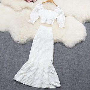 Work Dresses Women Hollow Out Beach Vacation White Suit Crop Top And Long Skirt Two Piece Set Matching Outfit Summer 2024 Party Clothing