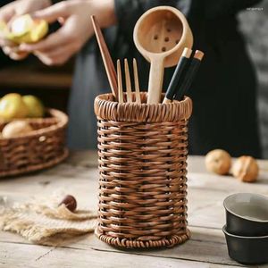 Küche Aufbewahrung Rattan Bleistifthalter Wicker Flatware Organizer Hand Silber Seegras Castlery Utensil Container kleiner Müll