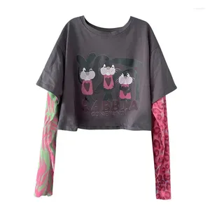 Camiseta feminina feminino tsshirt harajuku vintage coreano milênio o colar de colarinho de manga longa impressão de retalhos de retalhos de moda estética