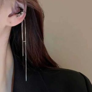 Charm Punk Black Asymmetric Oil Dropping Star Moon Clip Earrings for Women Long Tassels Ear Cuff Clip Without Pierced Ear Cuff Jewerly