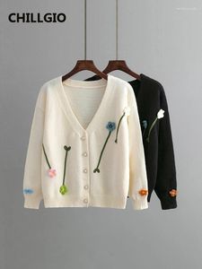 Damskie dzianiny chłodne zimowe kwiatowe dzianiny kardigany mody streetwear swobodny długie rękawy tricot v szyja w stylu college'u koreański dzianin