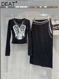 İş Elbiseleri Moda Kadınlar Vintage Baskı O boyun boyun uzun kollu T-Shirt Yüksek Bel Sarma Kalça Etekleri Kadın 2024 Bahar Modeli 33A1169