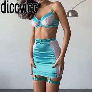 Bras define diccvicc luxuoso cetim lingerie sexy retchwork ver através de renda mini -saia definida para roupas íntimas femininas de roupa erótica