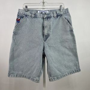 Polar Big Boy Shorts Y2K 힙합 만화 그래픽 자수 레트로 블루 헐렁한 청바지 데님 체육관 남자 농구 240417