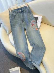 Jeans femininos Bordado de cintura alta perna reta Mulher casual calça jeans de algodão primavera All Match Bolsets