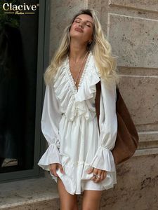 claciveセクシーなゆるい白いドレスレディースファッションvネック長袖ミニドレスエレガントなフリルハイウエストドレス女性240424
