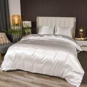 Conjuntos de cama de tampa de edredom de cetim de 3 peças conjuntos de cama de luxo branco rico seda seda super macia de cor sólida reversível para lua de mel grátis 240424