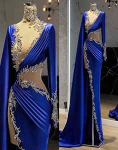 Nya blå sexiga eleganta aftonklänningar Långa ärmar med wrap -applikationer Högdelade arabiska kvinnor Prom Party -klänningar Custom Made 20228870821