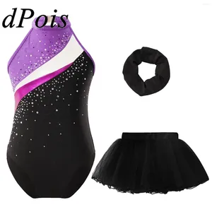 Stage Wear Girls Girls Shiny Gymnastics collant com malha tutu saia sem mangas Hollo