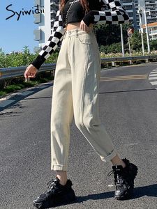 女性のジーンズsyiwidii for woman mom high waist denim constures harem pants y2k fashion 2024 white black side stripe bottoms