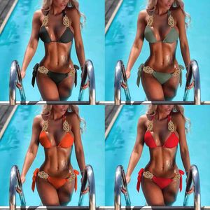 Ny Bikini Solid Color Split Swimsuit Sexig Hand Stick Women Beach Vacation Swimewear