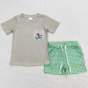 Roupas conjuntos de roupas meninos roupas de verão patos de verão camisa verde shorts xadrez boutique infantas de manga curta de manga curta