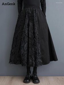 Etekler siyah vintage yüksek bel patchwork çiçek etek kadınlar gevşek gündelik midi moda zarif giyim bahar sonbahar 2024