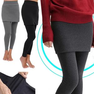 Stretchiga kvinnliga byxor med kjol kvinnor leggings solid färg falska tvådelar koreansk stil smalmonterade leggings för daglig slitage 240420