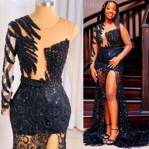 2024 ASO EBI Black Lace Mermaid Prom Dress Pearls Feather Sexig Evening Formal Party Second Reception 50th Birthday Engagement Goods Dresses Robe de Soiree ZJ333