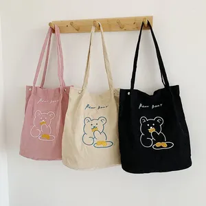 Shopping Bags Women Corduroy Shoulder Bag Reusable Casual Tote Female Handbag Bear Embroidered Eco Friendly Shopper Grocery