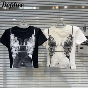 Kadın Tişörtleri Dophee 2024 Yaz Omuz Pad Kısa Kollu Kadın Tshirts Zayıflama Temel Üst Koyu Baharatlı Kız Bikini Basılı Mahsul Tees