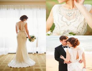 Elegant Long Crystal Beaded Crepe Jewel Wedding Dresses Sheath Sweep Train Bridal Gowns Beach Bride Dress Custom Made2526093