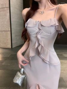 Casual Dresses Sexig Ruffled Edge Suspender Dress 2024 Celebrity Summer Midjan Mantel Mermaid Elegant Lilac Long For Party
