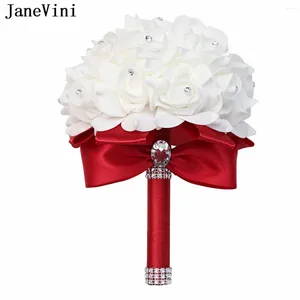 Flores de casamento Janevini Crystal Bridesmaid Flower Girl Bouquet Foam PE PE Artificial Rose Bride Small Flores para Boda