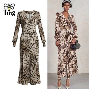 Casual Dresses Tingfly Women Fashion Leopard Print Button Decor Vintage Long Dress Lady Spring Summer V Neck Streetwear