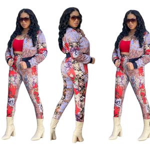 Kvinnor Zip Two Piece Trousers Tracksuit Kvinnor Fashion Floral Print Jacket och Sweatpants Set Women Summer Outfits Designer