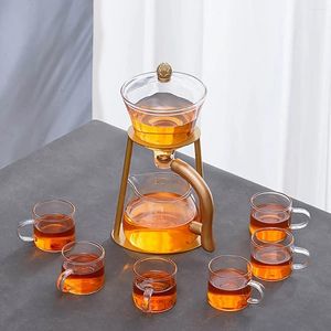 TEAWARE SETS 1 SET GLASS TEAPOT LAZY KUNGFU TEA POT Semi-Automatic Drip med Infuser Office Blooming Maker Iron Base