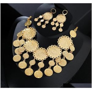 Nya utsökta brudbröllopsmycken Set Gold Color Muslim Coin Necklace Earring Mellanöstern Arabsmycken gåva YFKS93799308