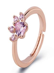 Cute Bear Paw Cat Claw Opening Adjustable Ring Rose Gold Rings for Women Romantic Wedding Pink Crystal CZ Love Gifts Jewelry9068789