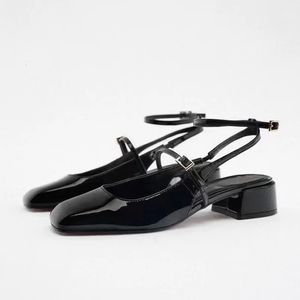 Designer Shoes Women High Heels Mary Janes Shoes Black Patent Leather Square Toe Sexy Mules Sandals Slingback Ladies Party Shoes 240418