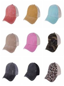 Hästsvans hattar 9 färger tvättade korsmask tillbaka leopard camo ihålig rörig bun baseball cap trucker hatt cyz31549946292