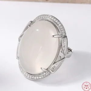 Cluster Rings S925 Sterling Silver For Women Men mode Oval Big Chalcedony Full Micro Zircon Vintage Punk Jewelry