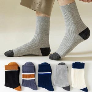 Women Socks 5 Pairs Men Mid Length Stripes Stockings Casual Breathable Long Simple Korean Summer