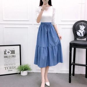 Skirts Thin Denim Blue Womens 2024 Summer Korean High Waist Lace Up Midi Jeans Casual Daily A-Line Bottoms Falda