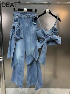 Women's Two Piece Pants Fashion Bows Bandage Denim Sling Vest High Waist Wide Leg Straight Jeans Female 2024 Spring Trendy 33A1173