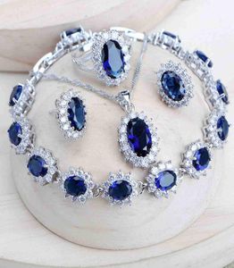 Gümüş 925 Kadın Gelin Takı Setleri Mavi Zirkonya Kostüm Fine Mücevher Düğün Kolye Küpeler Yüzük Bilezikler Kolye Set 3398605