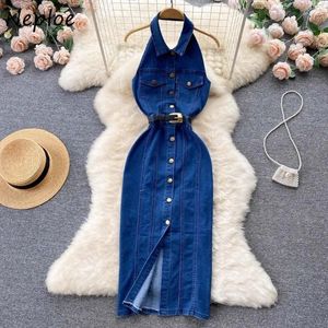 Casual Dresses Neploe Sexy Halter Lapel Neck Denim Dress For Women Slim Waist Bodycon A-line Summer Single Breasted Vestidos Mujer