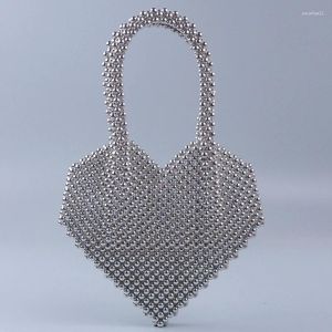 Evening Bags Handmade Pearl Heart Shoulder Bag High Quality Crystal Acrylic Silver Shape Tote Handbags For Women