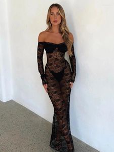 Casual Dresses Townlike Perspective Lace Elegant Maxi Long Dress Women Off Shoulder 2024 Autumn Winter Backless Sexy Party