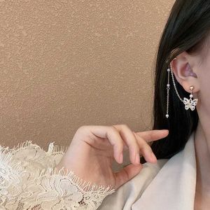 Charm koreansk guldfärg Lång Tassel Butterfly Ear Clip Earring för kvinnor Fashion Zircon Pearl Chain Drop örhängen Bröllopsmycken