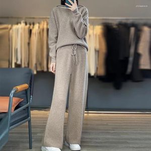 Women's Two Piece Pants WOTEEWS 2024 Set Of Wool Hooded Pullover Sweater Long Sleeved Knitted Wide Leg Casual 4-color
