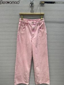 Women's Jeans Fashion Runway Autumn Pink Color Casual Middle Waist Button Multi Pocket Straight Barrel Pencil Trousers