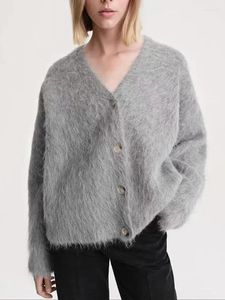 Women's Knits 2024 Autumn Alpaca Wool Solid Color V-neck Loose Knitted Cardigan For Women