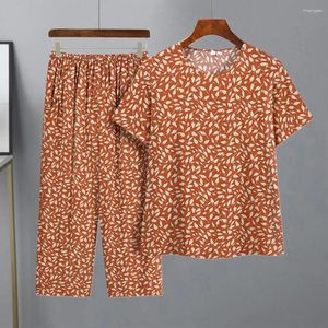 Kvinnors tvåbitar byxor Lady T-shirt Set Mid-Aged Mormor Homewear Floral Print Kort ärm Elastisk midja Sleepwear Casual Loose