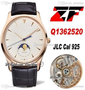 ZF Master Ultra Thin 1362520 JLC Cal925 Automatic Mens Watch Moon Phase Date 39mm Rose Gold White Dial Brown Leather Strap Watche6403917