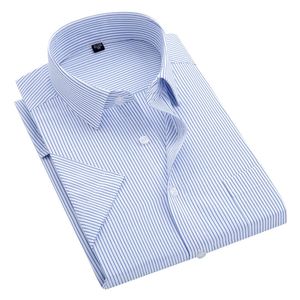 Summer S ~ 8xl Mens randig kort ärm klänningskjorta fyrkantig krage icke-järn regelbundet passar anti-rynkficka manlig social skjorta 240416