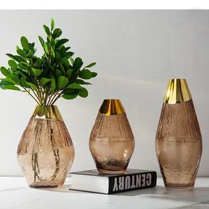 Vases Gold-plated Glass Vase Desk Decoration Hydroponics Flowers Pots Decorative Flower Arrangement Modern Home Decor Floral